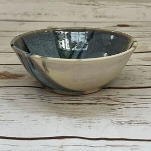 Studio Pottery Bowl Blue Cream Reactive Glaze Artisan Ceramic 6.5in